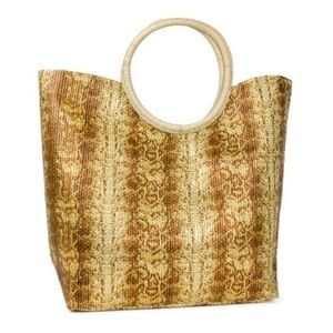 Magid METALLIC BRONZE SNAKESKIN PATTERN STRAW TOTE BAG WITH CIRCLE HANDLE